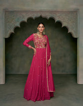 Designer Rani Pink Embroidered Anarkali Dress with detailed thread work and lace | designer dress | anarkali dress